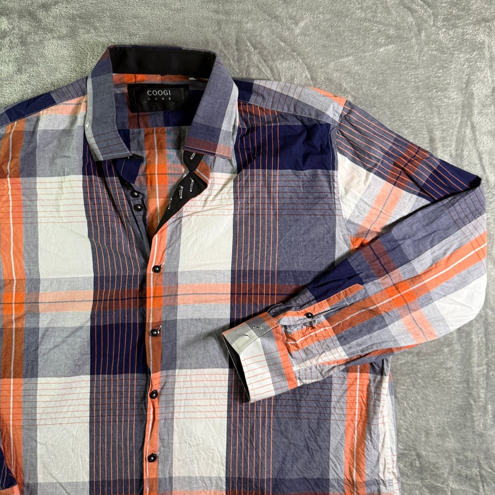 COOGI Luxe Plaid Button Up Long Sleeve Shirt Orange Blue 3XL